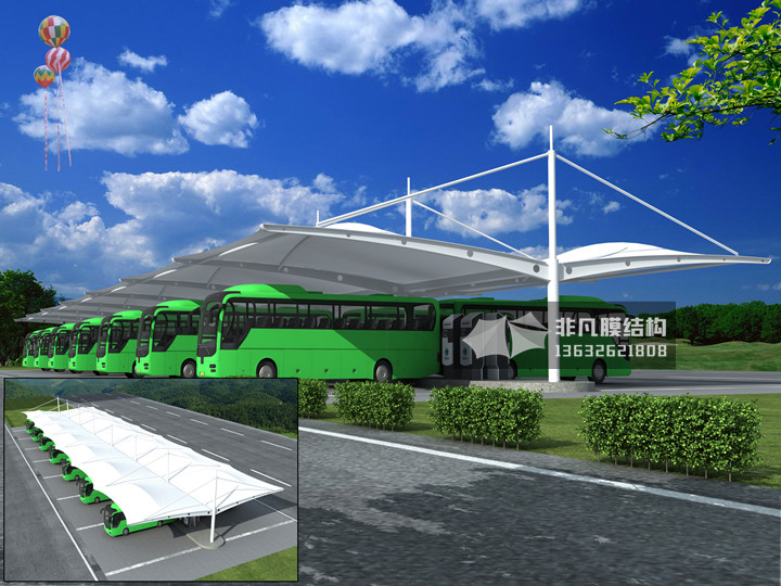 TC021 大巴膜結(jié)構(gòu)停車棚 雙挑斜拉型